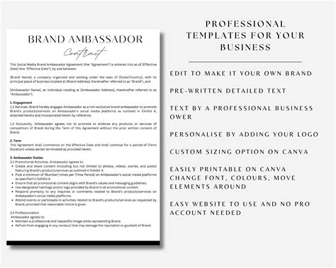 Editable Brand Ambassador Agreement Template For Canva Social Media Influencer Contract Etsy