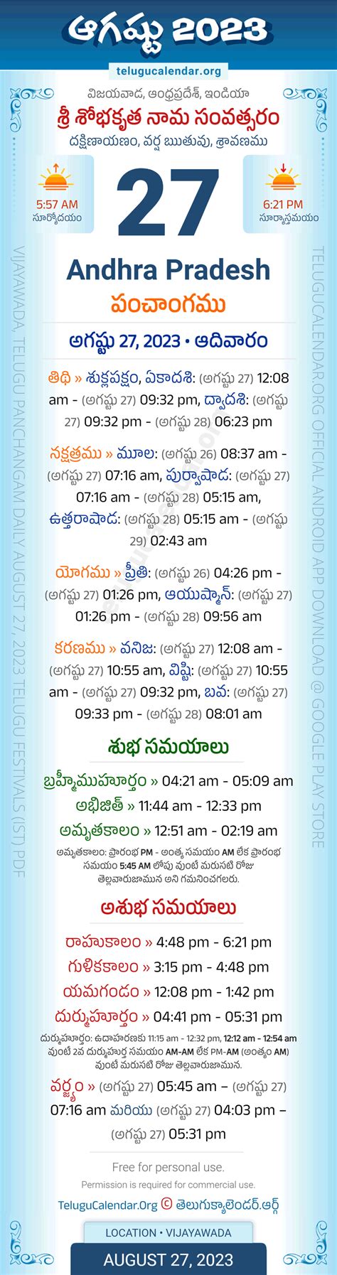 Andhra Pradesh August 27 2023 Telugu Panchangam