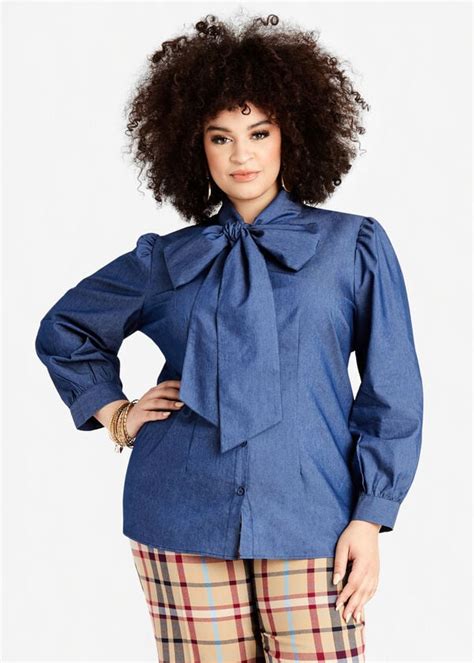 Plus Size Chambray Tie Neck Blouse Cute Button Up Long Sleeve Shirt