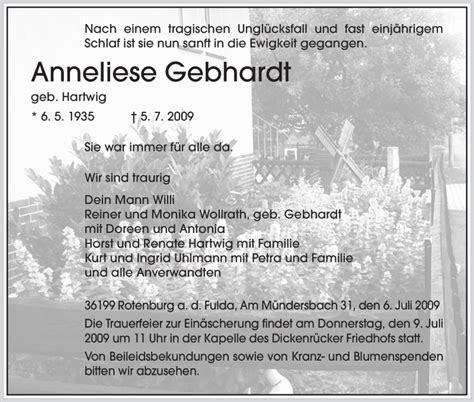 Traueranzeigen Von Anneliese Gebhardt Trauer HNA De