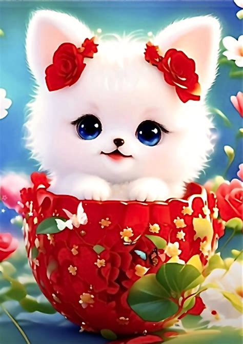 a white kitten sitting in a red cup with flowers on the side and blue eyes