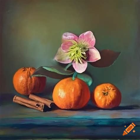 Painting Of Hellebore Flowers And Tangerines In Natural Light