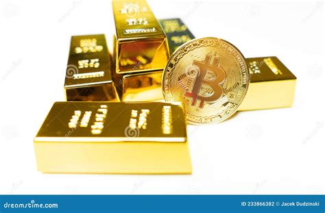 Bitcoin Gold Coin With Golden Bars Cryptocurrency Concept Virtual