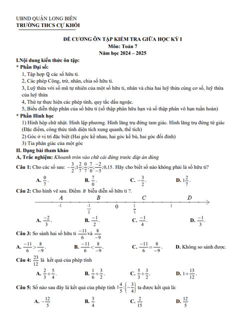 De Cuong Giua Ki 1 Toan 7 Nam 2024 2025 Truong Thcs Cu Khoi Ha Noi