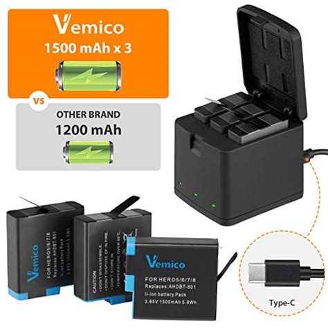 Vemico Hero Batteria Caricabatterie Kit Pack Mah Batterie