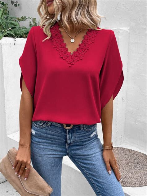 Shein Lune Guipure Lace Panel Petal Sleeve Blouse Shein Usa