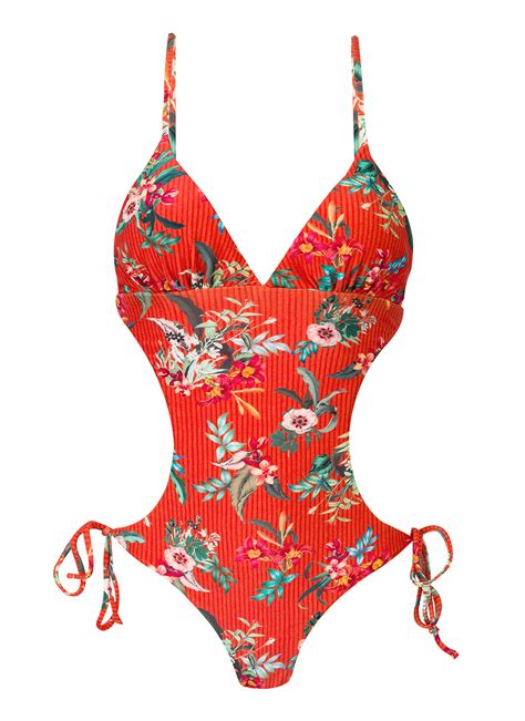 Brazilian Red Scrunch Side Tie Monokini With Floral Print Wildflowers