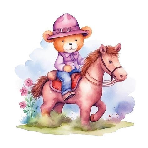 Premium Vector Cute Teddy Bear Riding Horse Watercolor Ilustration