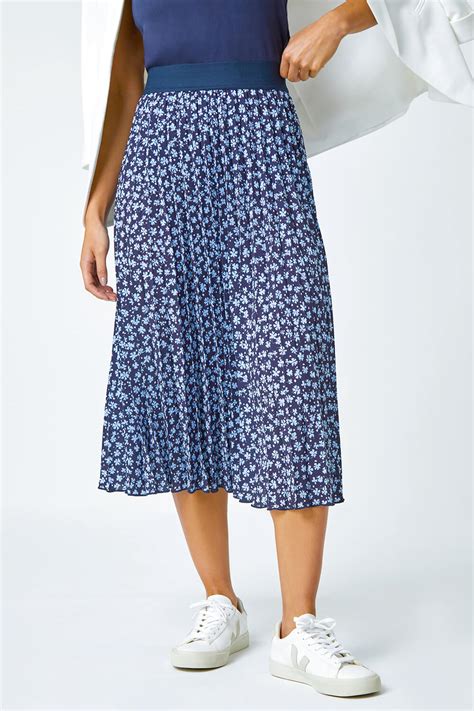 Navy Petite Pleated Ditsy Floral Midi Skirt Roman Uk