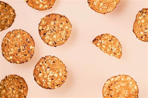 Free Photo Homemade Oatmeal Cookies With Flax Sunflower And Sesame Seeds On Nude Color
