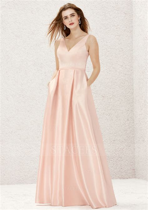 A Line V Neck Sleeveless Long Floor Length Satin Bridesmaid Dress With