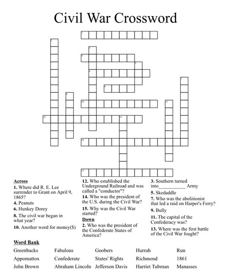 Civil War Crossword Wordmint