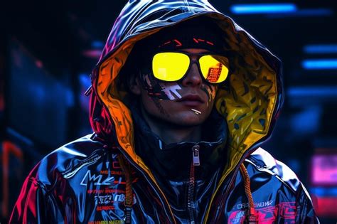 Premium AI Image | A neon man a neon jacket cyberpunk man