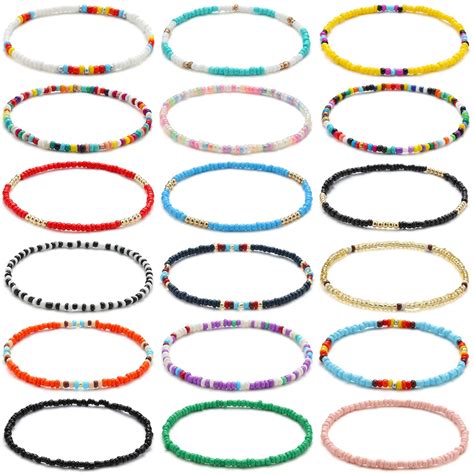 Xijin 18 Pieces Elastic Beaded Anklets For Women Girls Handmade Beach