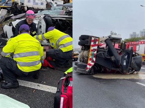 恐怖視角曝光！國道水泥車側翻「壓扁轎車」 前記者命危 社會 中時新聞網