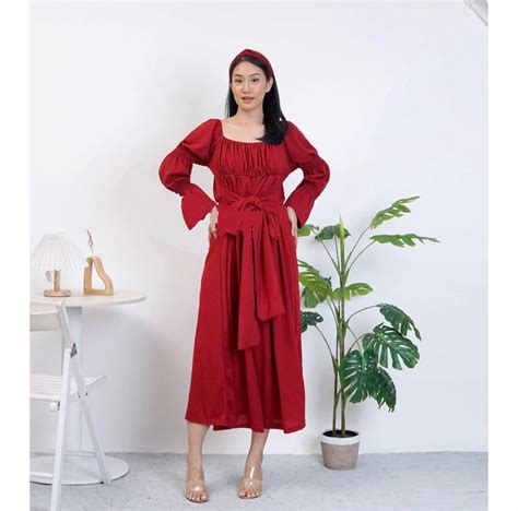 Free Bandana Long Dress Natal Merah Marun Lengan Ratu Fesyen Wanita