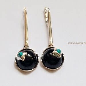 Long Earrings Black Onyx And Turquoise Sterling Silver Gift For