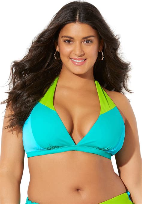 Swimsuits For All Women S Plus Size Romancer Colorblock Halter Triangle Bikini Top Walmart