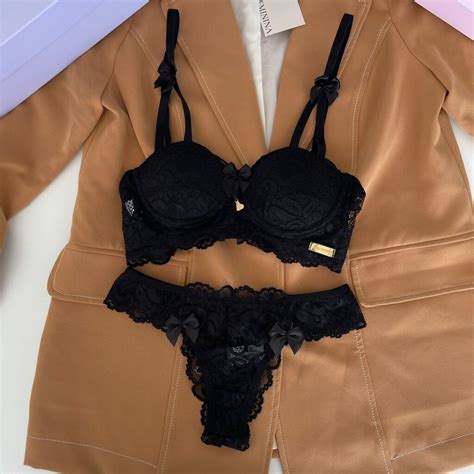 Conjunto De Lingerie Em Renda Bojo E Calcinha Biqu Ni Preto Katherine Toda Feminina