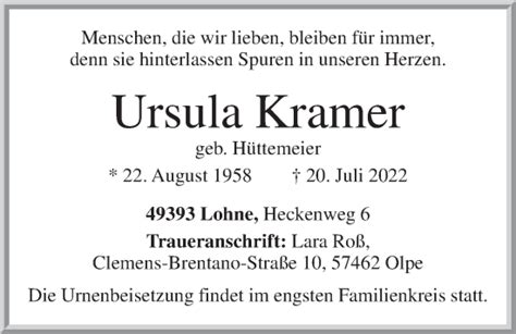 Traueranzeigen Von Ursula Kramer Om Trauer De