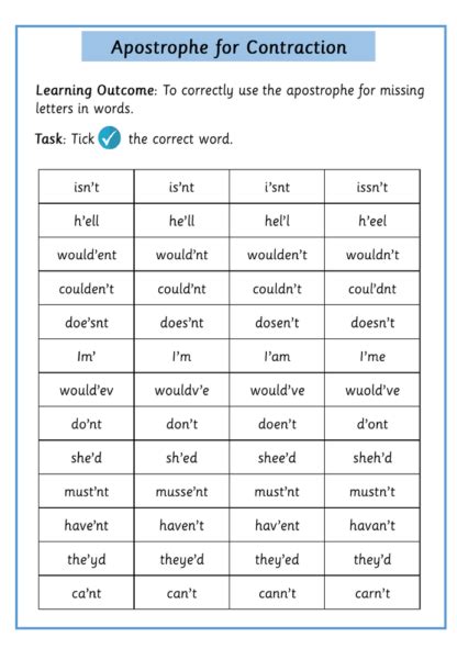 Apostrophe For Omission Contraction Worksheets Inspire And Educate