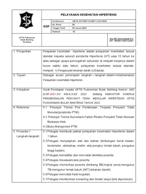 Sop Pelayanan Kesehatan Ht 2022 Pdf