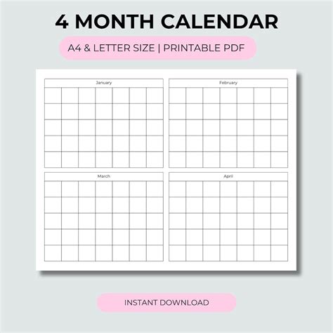 4 Month Calendar Customizable Printable 2024 Calendar Planner 4 Month