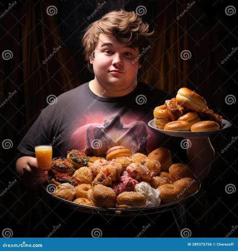 Young Fat Man Holding A Tray Of Junk Food Stock Illustration