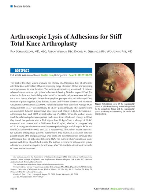 PDF Arthroscopic Lysis Of Adhesions For Stiff Total Knee Arthroplasty