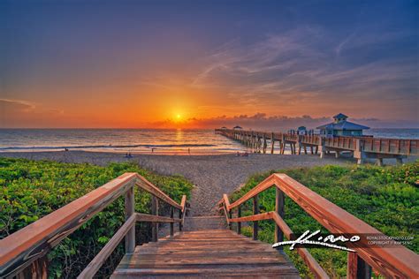 Juno Beach Pier Sunrise Down Stairs Royal Stock Photo