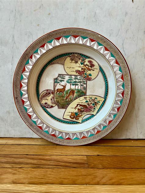 Antique Warwick Aesthetic Movement Era Transferware Polychrome Bowl By