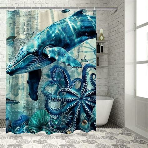 Autua Nautical Shower Curtain Sea Turtle Octopus Whale Blue Teal Ocean