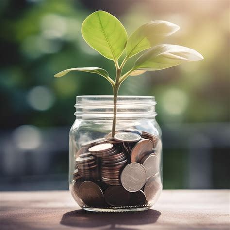 Un frasco de monedas con una planta que crece fuera de él Foto Premium