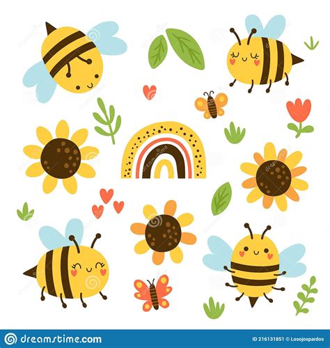 Vector Set Of Cute Bees And Sunflowers Stock Vector Illustration Of