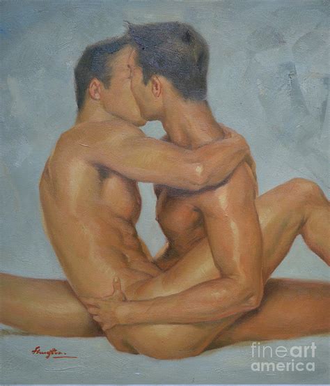 Original Man Oil Painting Gay Body Art Two Male Nude On Canvas