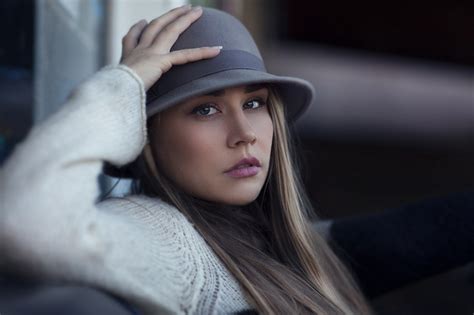 Women Green Eyes Long Hair Model Hat Looking At Viewer Face