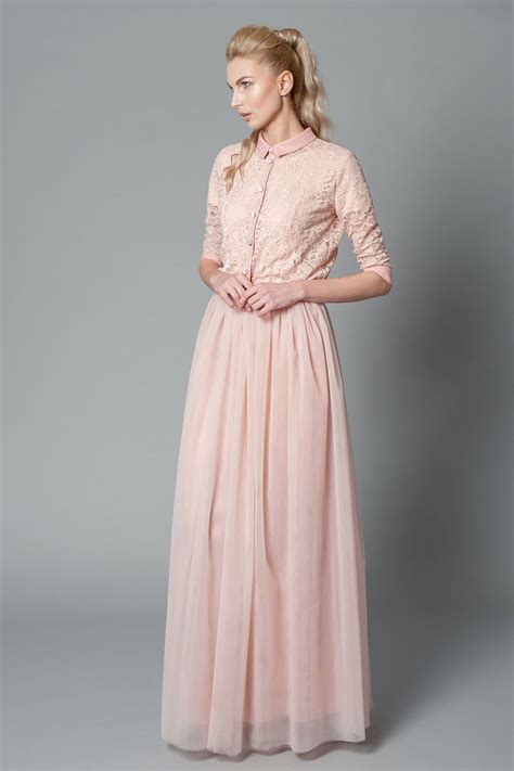 Blush Pink Shirt Long Dress With Chiffon Collar Cuffs And Tulle Skirt