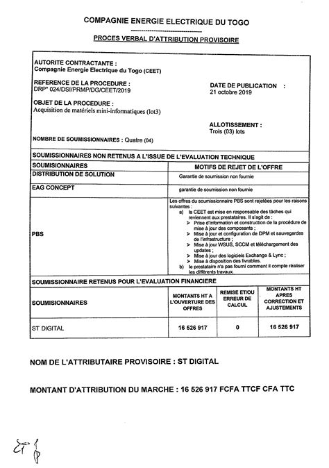 PV Attribution Provisoire DRP N024 DSI PRMP DG CEET 2019 Lot1 Lot2