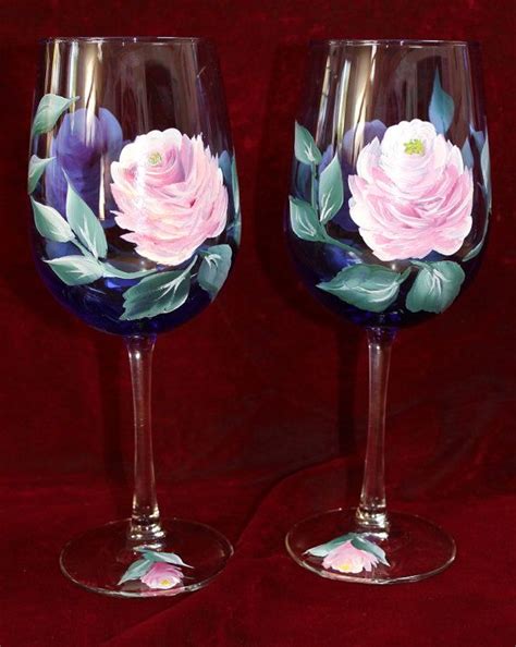 Copas De Vino Pintado Juego De 2 Vintage Rosa En Mano Painted Glass Vases Painted Wine Bottles