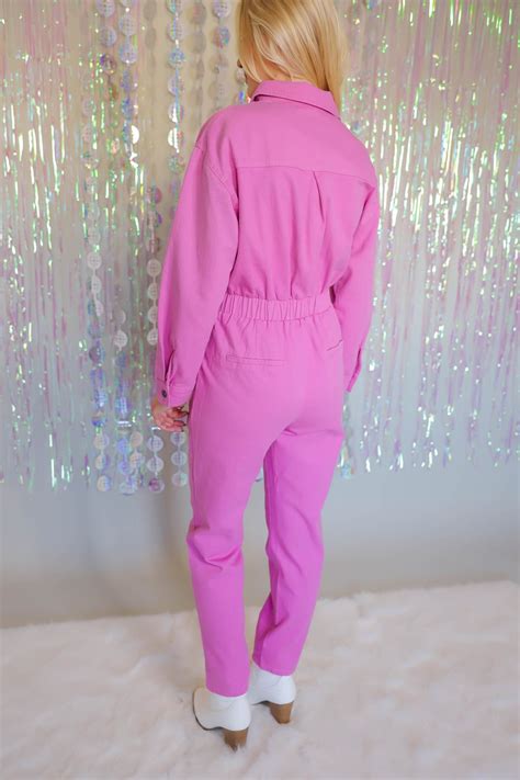 Pink Denim Jumpsuit Long Sleeve Pink Jumpsuit Womens Pink Utility