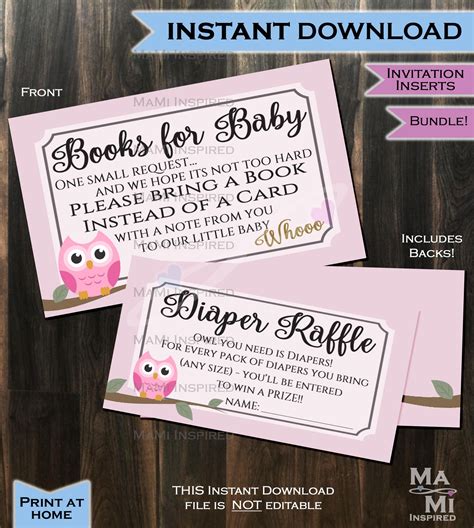 Diaper Raffle Books For Baby Invitation Inserts Woodland Owl Etsy