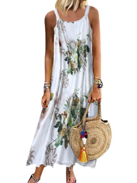 Womens Boho Summer Strappy Plus Size Floral Kaftan Long Dress Beach Sundress