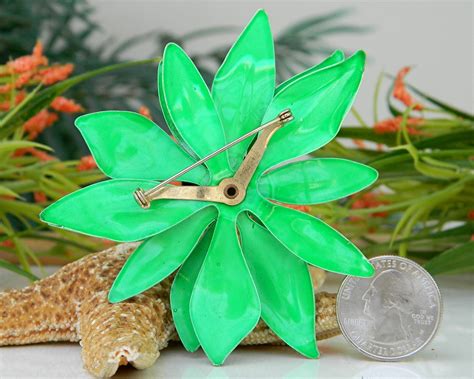 Vintage Metal Enamel Flower Brooch Pin Bright Green Large Layered Pins Brooches