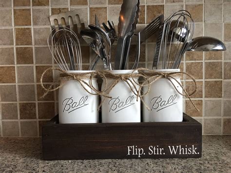 Flip Stir Whisk Kitchen Decor Utensils Holder Mason Jar Etsy Mason