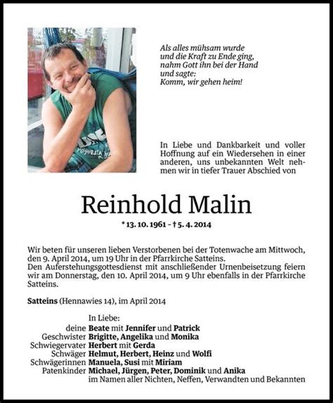 Todesanzeigen Von Reinhold Malin Todesanzeigen Vorarlberger Nachrichten