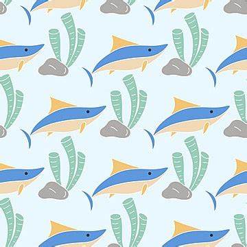 Sea Sharks And Algae Seamless Pattern Marine Hand Drawn Print Vector