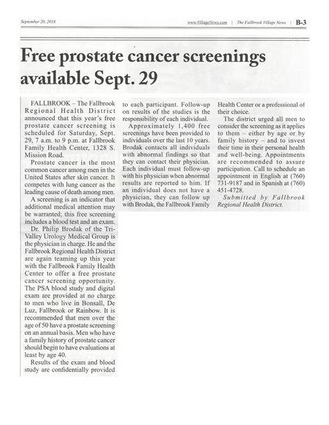 Free prostate cancer screenings available Sept. 29 - Fallbrook Regional