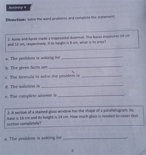 Solved Activity 4 Direction Solve The Word Problems And Complete The