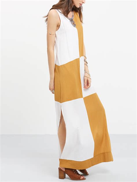 Beige Color Block Side Slit Maxi Dress Shein Sheinside