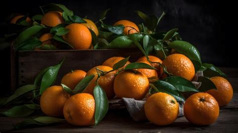 Una Caja De Naranjas Con Hojas En La Parte Superior Foto Premium